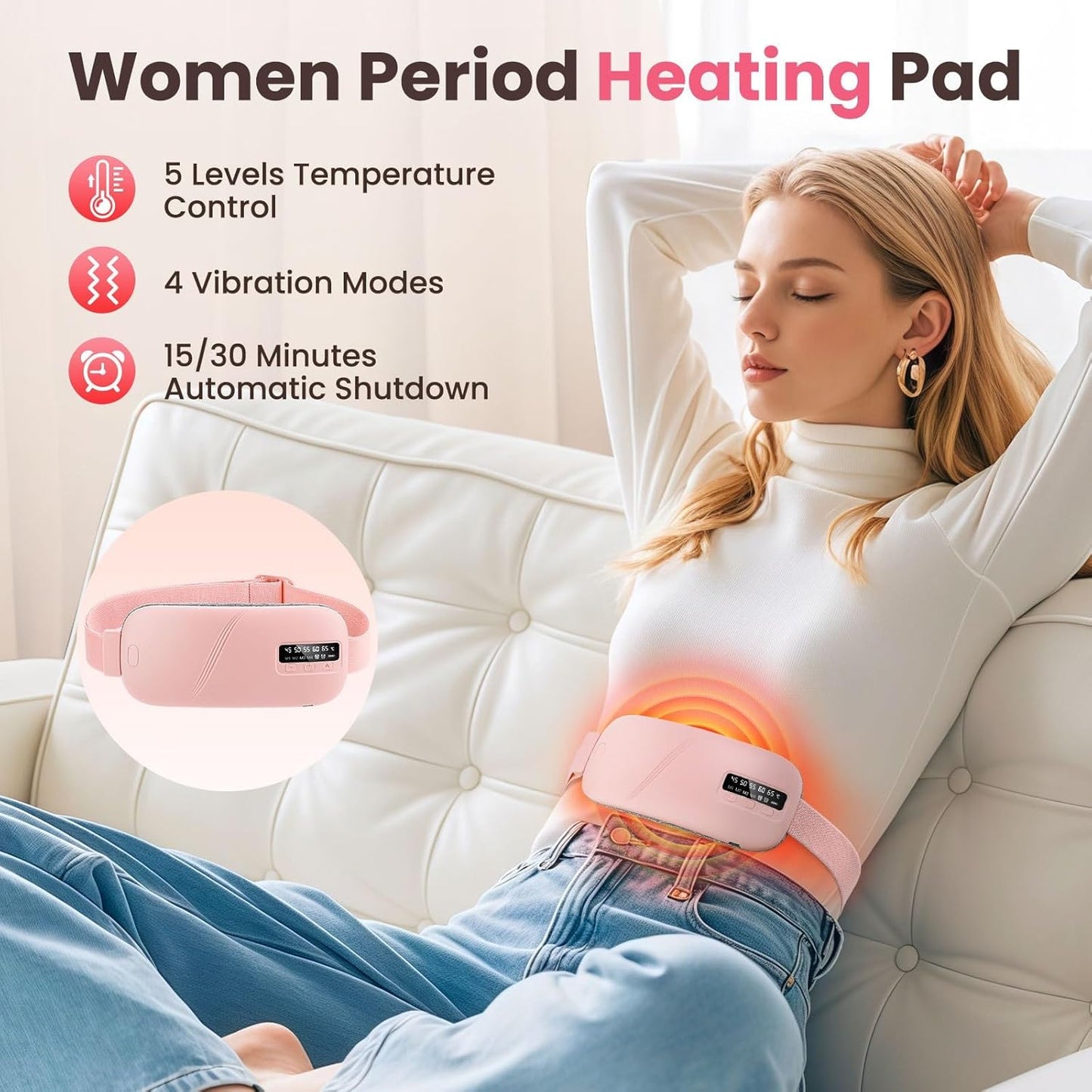 Menstrual Heating Pad, with 5 Heat Levels and 4 Vibration Massage Modes