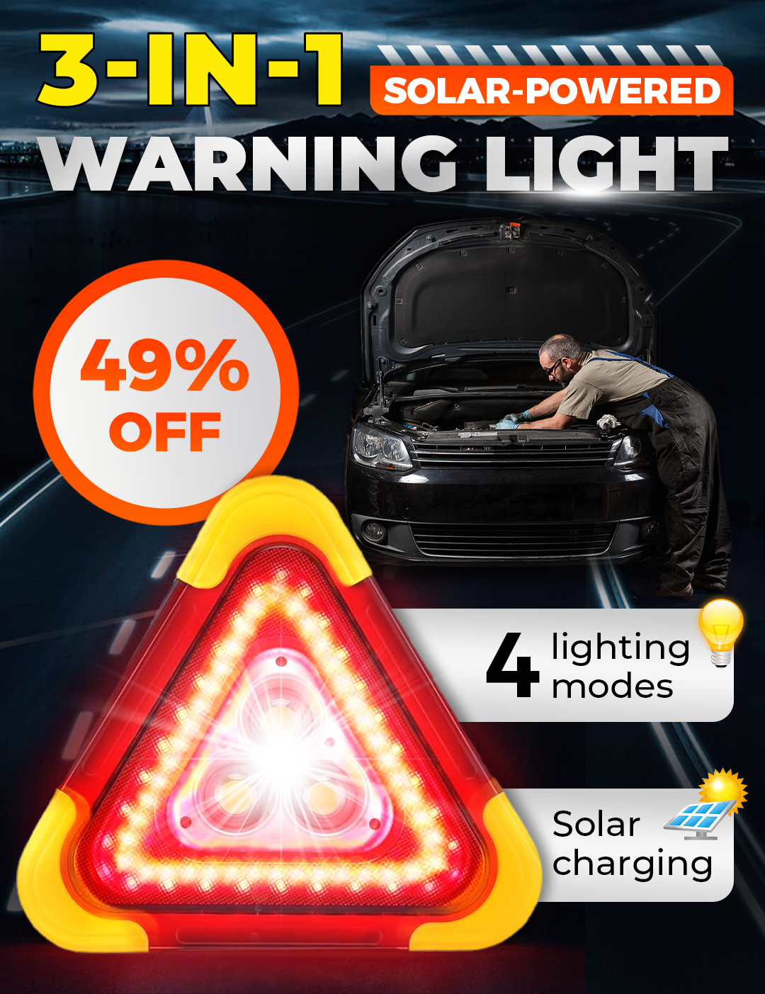 🔥For Your Safty🔥3-IN-1 Solar Emergency Triangle Warning Light at the Roadside
