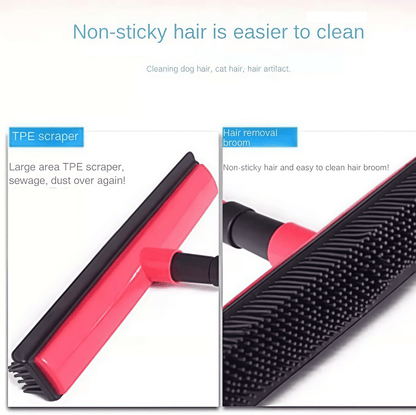 Pet Fur Removal Broom, 2 in 1 Silicone Broom for Carpet Pet Hair, Adjustable Handle Carpet Rake