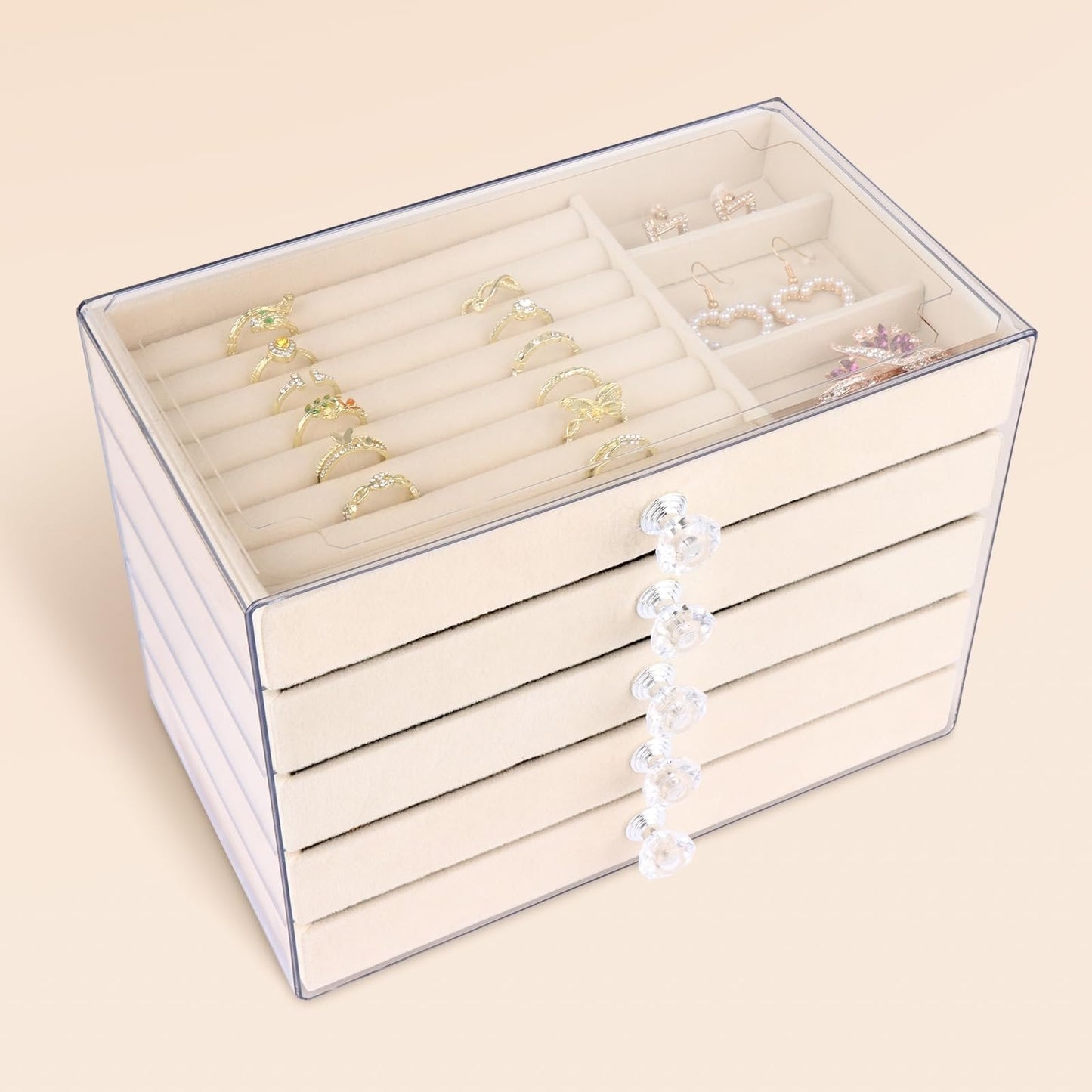 💍Luxury Acrylic Jewelry Box Organizer - 5 Drawers Velvet Lined Clear Stackable Storage