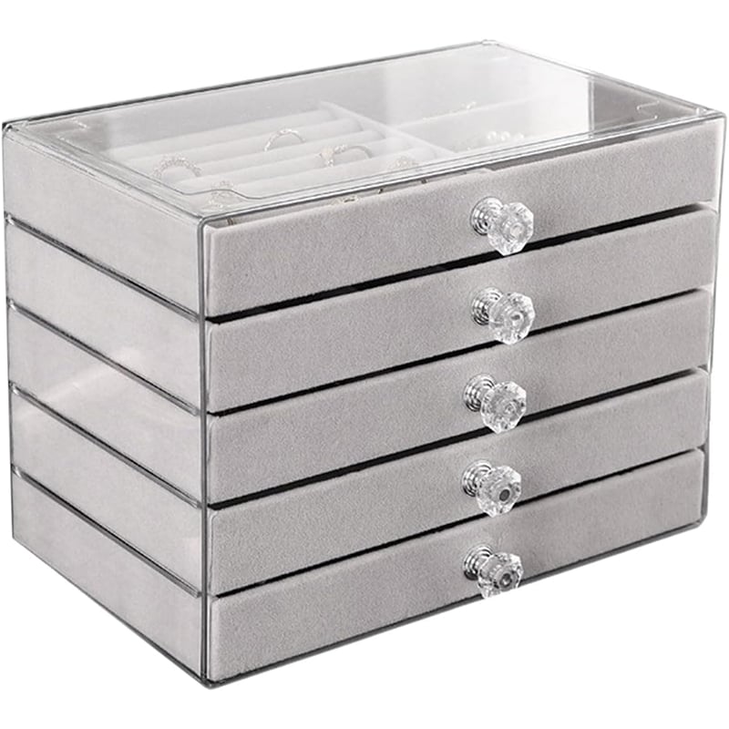 💍Luxury Acrylic Jewelry Box Organizer - 5 Drawers Velvet Lined Clear Stackable Storage