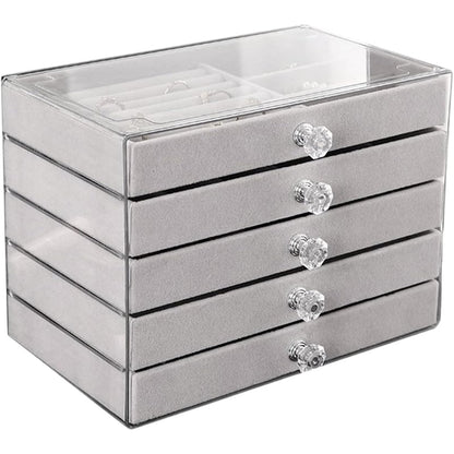 💍Luxury Acrylic Jewelry Box Organizer - 5 Drawers Velvet Lined Clear Stackable Storage