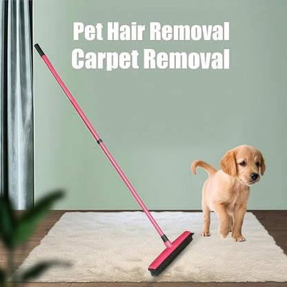 Pet Fur Removal Broom, 2 in 1 Silicone Broom for Carpet Pet Hair, Adjustable Handle Carpet Rake