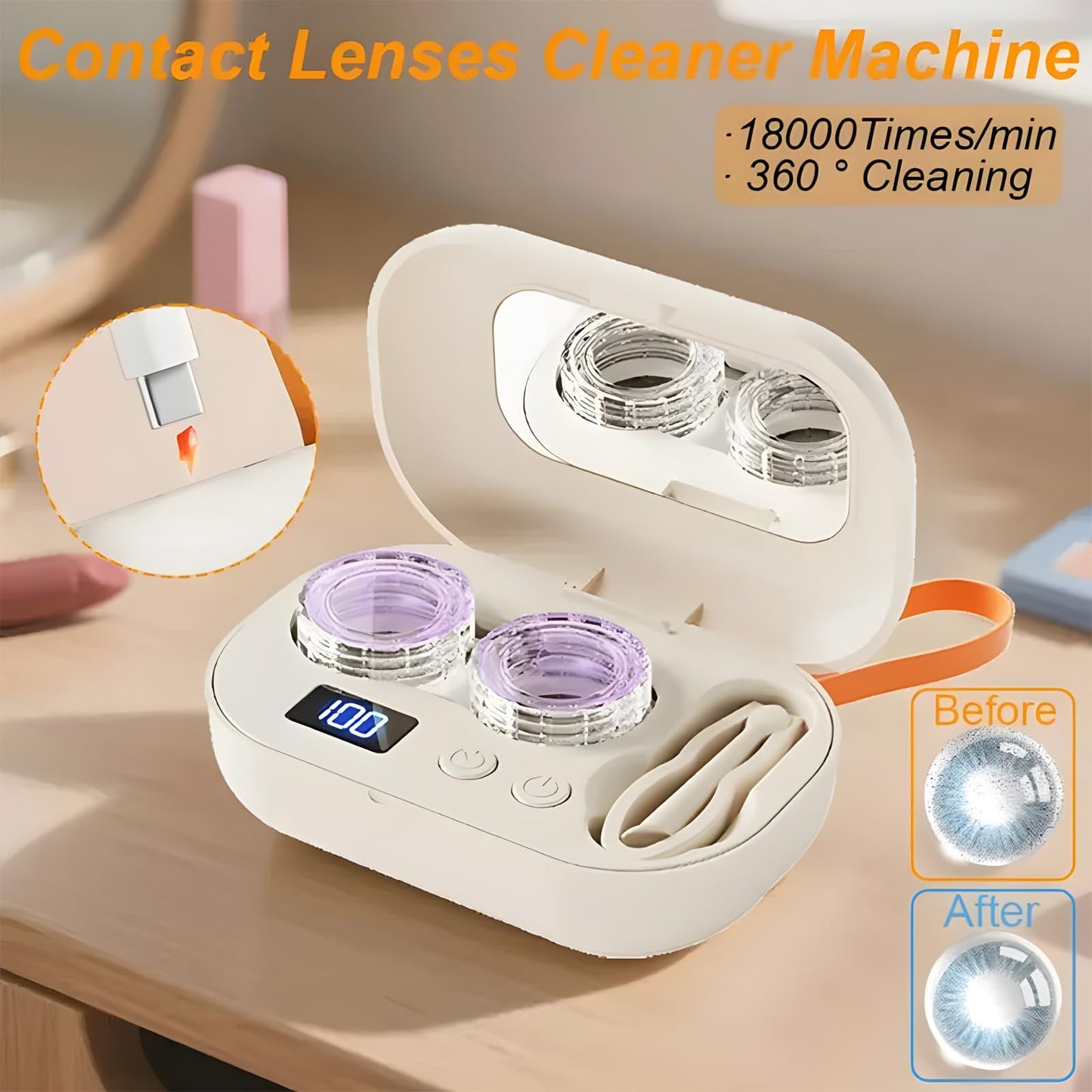 Ultrasonic Contact Lens Cleaner Machine with Integrated Mirror
