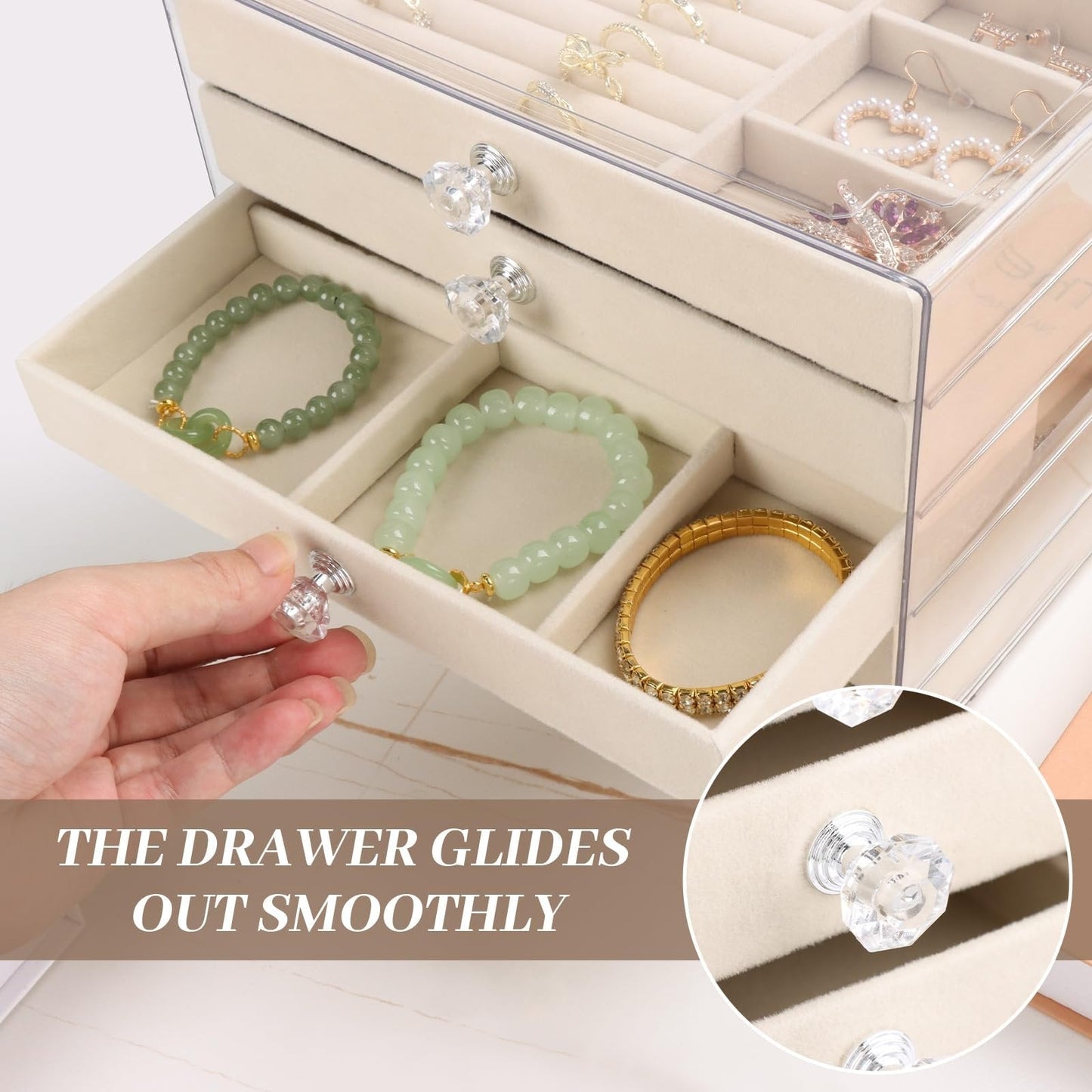 💍Luxury Acrylic Jewelry Box Organizer - 5 Drawers Velvet Lined Clear Stackable Storage