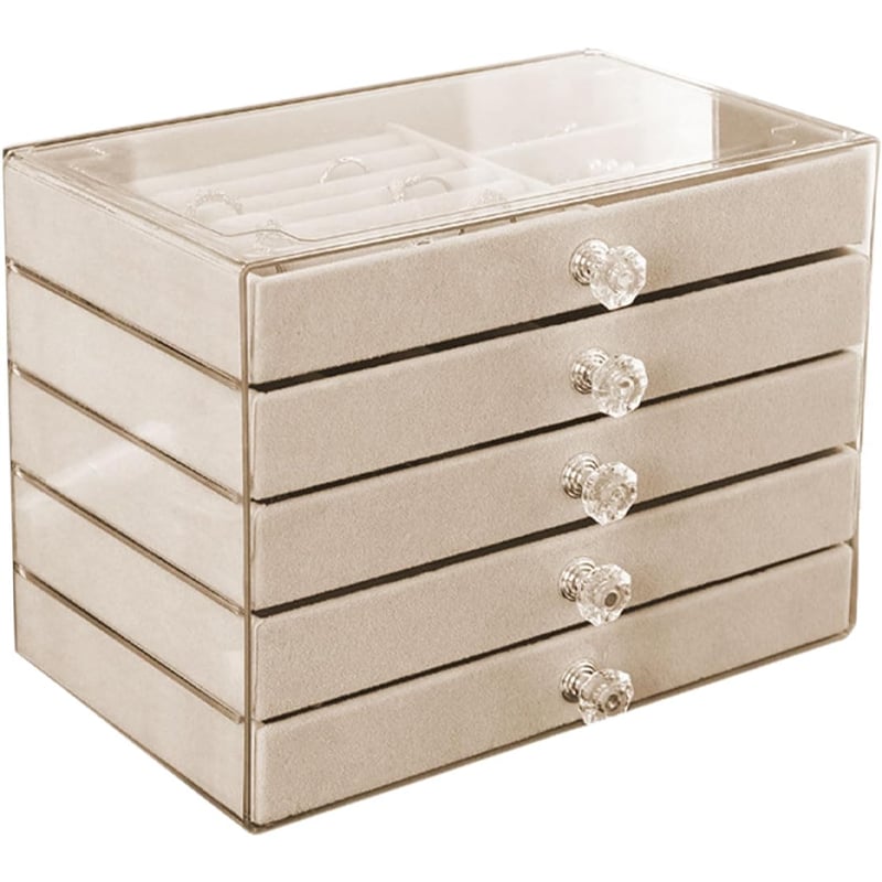 💍Luxury Acrylic Jewelry Box Organizer - 5 Drawers Velvet Lined Clear Stackable Storage