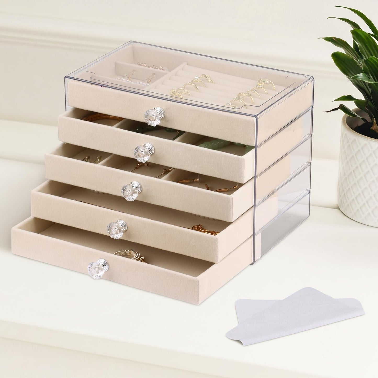 💍Luxury Acrylic Jewelry Box Organizer - 5 Drawers Velvet Lined Clear Stackable Storage
